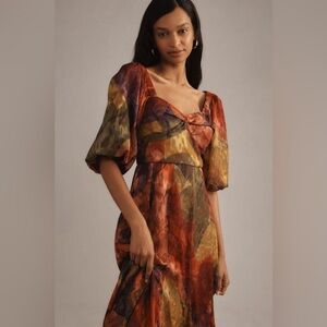 NWT Size S - Hutch Printed Twist-Front Puff-Sleeve Ruffle-Hem Dress